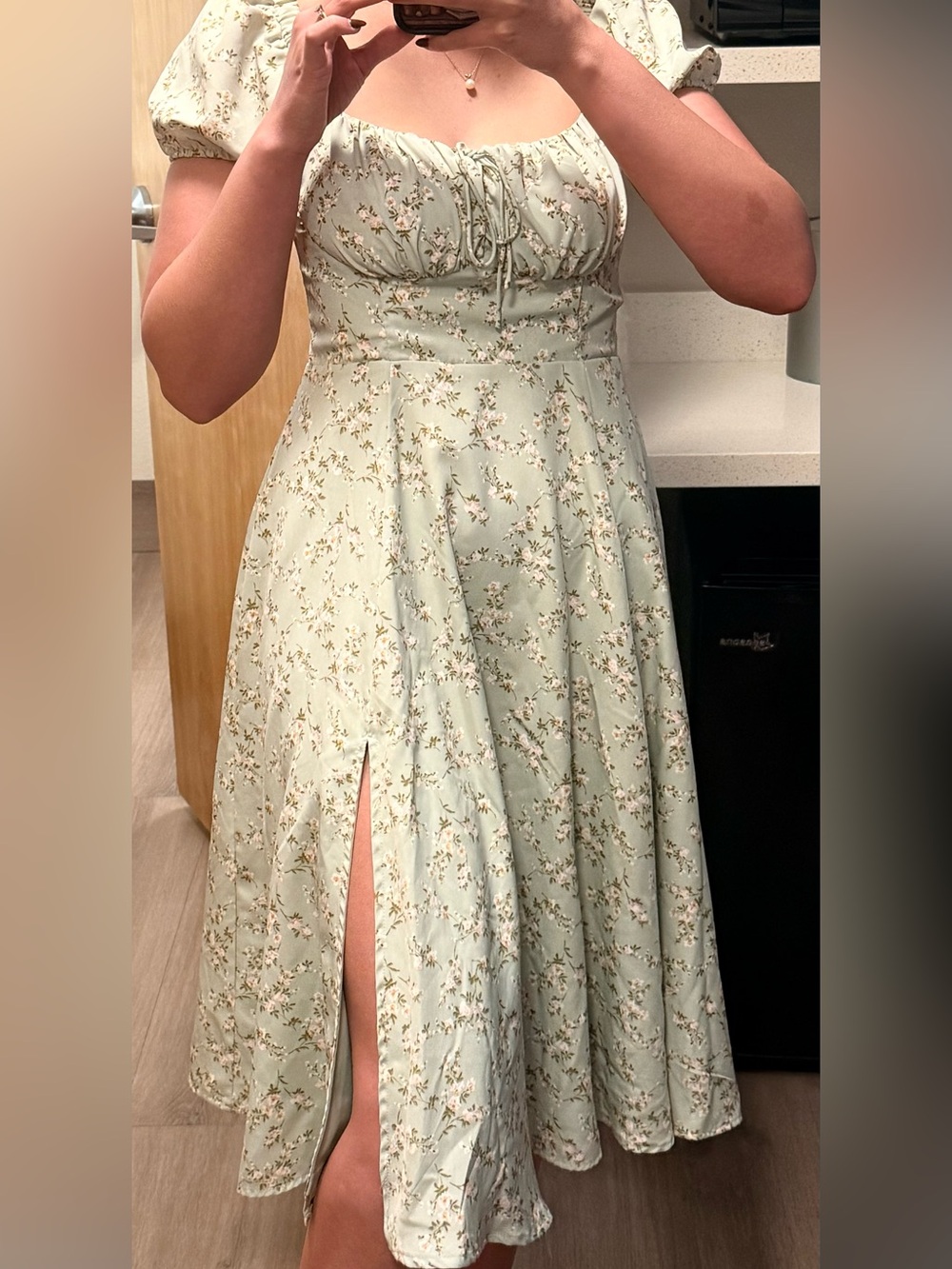 Floral Mint Green A-Line Dress with Front Slit
